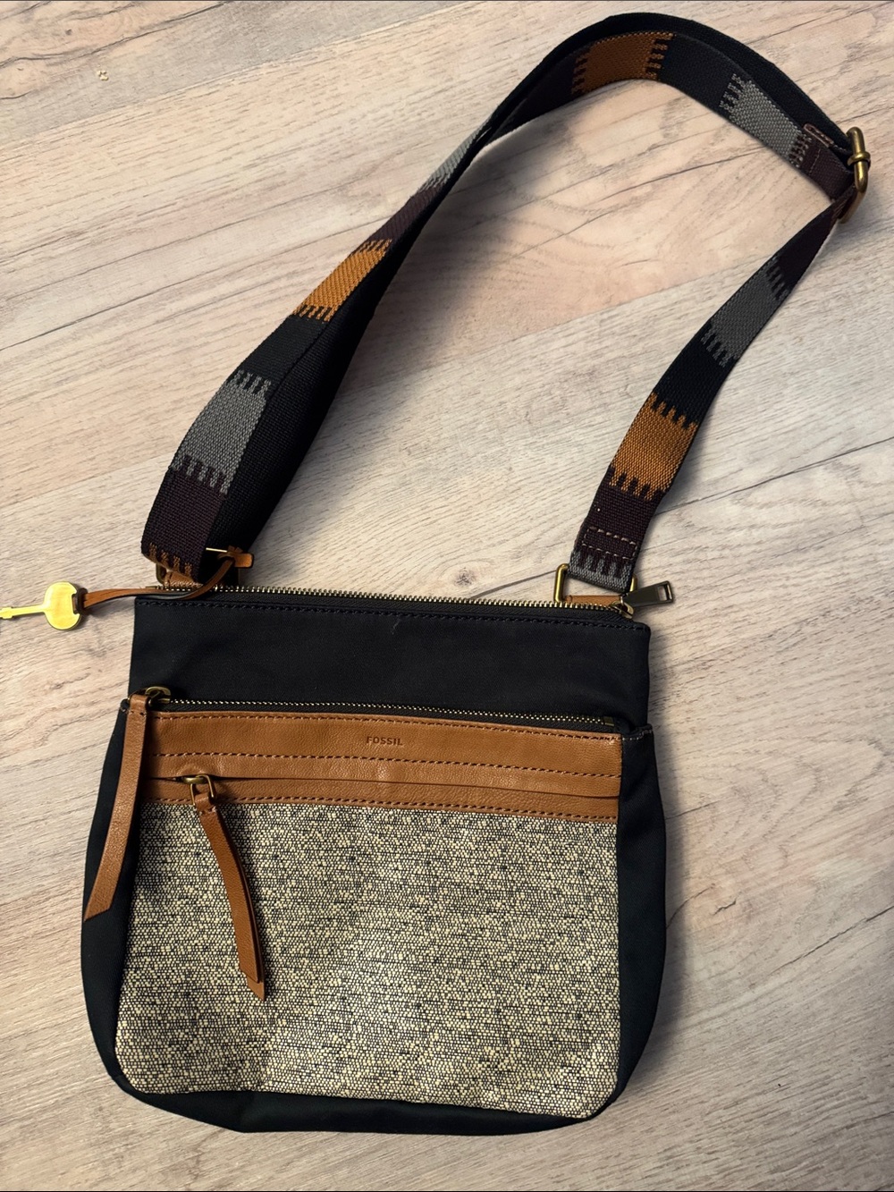 Fossil Black Crossbody with Tan Trim and Patterned Strap